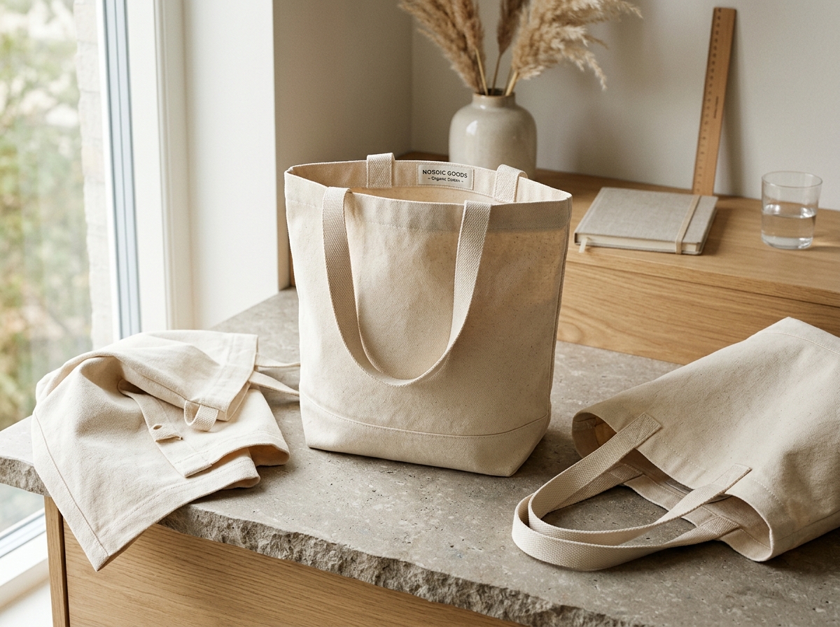 Nordic sustainable organic cotton tote bags arranged on wooden table